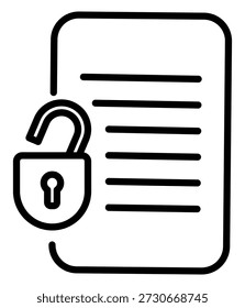 This clean vector icon depicts an open padlock over a text document, symbolizing data access, decrypted files, or public information. Perfect for cybersecurity and office projects.