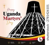 This clean vector illustration commemorates Happy Uganda Martyrs’ Day at Namugongo, highlighting gathered worshippers and symbolic cross, honoring sacrifice, unity, faith, and national remembrance ceremony.