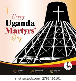 This clean vector illustration commemorates Happy Uganda Martyrs’ Day at Namugongo, highlighting gathered worshippers and symbolic cross, honoring sacrifice, unity, faith, and national remembrance ceremony.