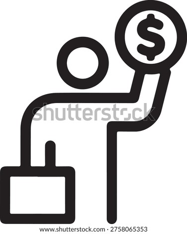 This clean vector illustration depicts a stylized person holding a dollar coin and a briefcase, symbolizing financial success, investment growth, and business prosperity. Ideal for projects related to banking, wealth, economy, and corporate finance concepts.