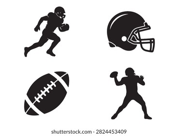 This clean vector set features black American football silhouettes, including a running player, a protective helmet, a classic game ball, and a throwing quarterback. Isolated on a crisp white background, these versatile designs are perfect for sports graphics, team branding, and athletic promotional materials.

#AmericanFootball #FootballSilhouettes #SportsGraphics #FootballHelmet #FootballPlayer #AthleticDesign #TeamSports #FootballVector #SportIcons #GameDay