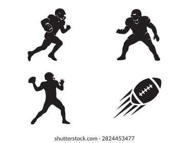 This clean vector set features black American football silhouettes, including running players, a protective helmet, a classic ball, a throwing quarterback, a catching receiver, and players at the goalpost, isolated on a white background. Perfect for sports graphics, team branding, and athletic promotional materials.

#AmericanFootball #FootballSilhouettes #SportIcons #FootballHelmet #FootballPlayer #AthleticDesign #TeamSports #FootballVector #SportsGraphics #GameDay