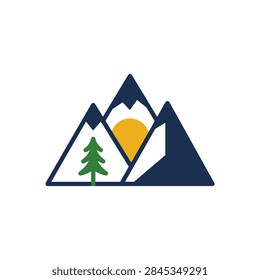 This clean vector-style graphic features stylized mountain peaks rendered in dark blue and white tones. A bright yellow sun is positioned behind the central peak, while a simple green pine tree stands in the foreground. The composition is balanced and symmetrical, utilizing flat colors and bold outlines to create a modern outdoor adventure aesthetic