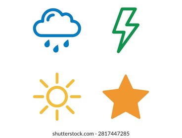 This clean and vibrant vector graphic features a collection of four distinct weather and sky icons, including a blue rainy cloud, a green lightning bolt, a yellow sun, and an orange star. Designed in a modern flat outline and solid style with cheerful colors, these versatile graphics are ideal for weather applications, educational materials, UI elements, or any creative project related to sky and climate phenomena.

#WeatherIcons #SkyGraphics #VectorDesign #ClimateSymbols #RainAndLightning #SunAndStar #AppIcons #DesignAssets #MinimalistArt #WeatherApp