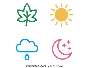 This clean and vibrant vector graphic features a collection of four distinct weather and nature icons, including a green leaf, a yellow sun, a blue rainy cloud, and a pink crescent moon with stars. Designed in a modern outline style with bright, cheerful colors, these versatile graphics are ideal for weather applications, educational materials, seasonal designs, or any creative project related to nature and climate.

#WeatherIcons #NatureGraphics #VectorDesign #ClimateSymbols #CloudAndRain #SunAndMoon #LeafIcon #AppIcons #DesignAssets #MinimalistArt