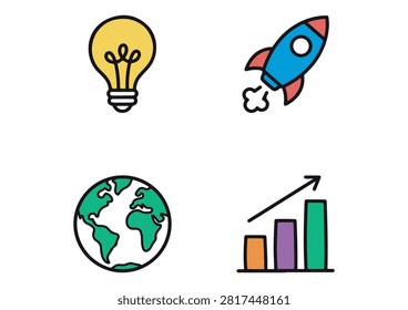 This clean and vibrant vector graphic features a collection of four distinct business and innovation icons rendered in a modern hand-drawn outline style with bright colors. The set includes a yellow lightbulb symbolizing creative ideas, a blue and red launching rocket ship representing startup success, a green globe showing the world, and a colorful growth chart with an upward trend arrow. These versatile illustrations are ideal for corporate presentations, business websites, marketing materials, or innovation concepts.

#BusinessIcons #InnovationDesign #StartupGraphics #IdeaSymbol #RocketLaunch #GlobalBusiness #GrowthChart #VectorDesign #FlatGraphics #BusinessConcepts