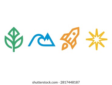This clean and vibrant vector graphic features a collection of four distinct abstract outline icons representing nature, adventure, and innovation. The set includes a green plant leaf symbolizing growth, a blue ocean wave with a mountain peak, an orange launching rocket ship representing startup success and technology, and a yellow sunburst icon. Designed in a modern outline style with cheerful colors, these versatile graphics are ideal for corporate branding, website UI elements, nature projects, or tech presentations.

#AbstractIcons #ModernDesign #VectorGraphics #NatureSymbols #RocketLaunch #SunburstIcon #StartupConcepts #GraphicAssets #DesignElements #VectorIllustration
