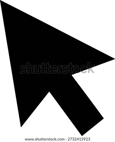 This is a clear, high-contrast image of a standard computer mouse cursor, shaped like an arrow. The cursor is solid black and is depicted against a plain white background. It is oriented to point diagonally upwards and to the right, a common orientation for a cursor on a screen. The arrow shape is classic, featuring a triangular head and a rectangular tail.