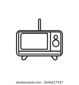This is a clear line art vector of a vintage television set. It is complete with a visible antenna, a round dial, and a clean, transparent backdrop.