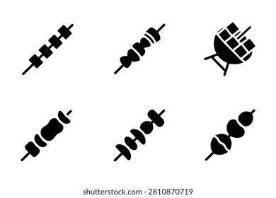 This clear vector graphic features six distinct solid black silhouette icons showcasing a variety of grilling essentials including multiple types of skewers laden with food and a classic barbecue grill perfect for illustrating summer cookouts outdoo.