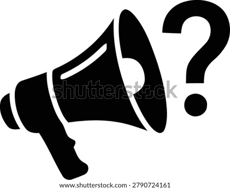 This clear vector graphic illustration shows a megaphone icon next to a question mark, representing important announcements, customer support inquiries, and frequently asked questions.