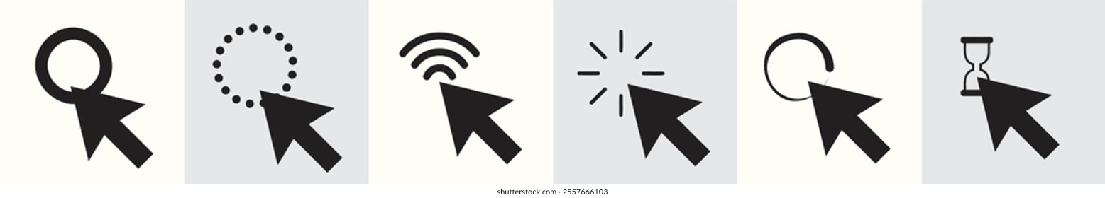 This click icon set features a pointer arrow and cursor icon, perfect for indicating user interaction and navigation in web design, apps, and digital interfaces, enhancing user experience.