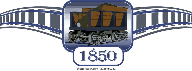 This clip art features an 1850s coal cart surrounded in the center flanked by curvy railroad tracks. 