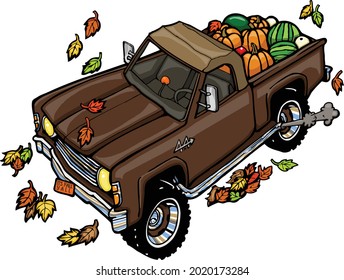 This clip art features a 1970s vintage 4x4 truck surrounded by autumn leaves and pumpkins in the back. 