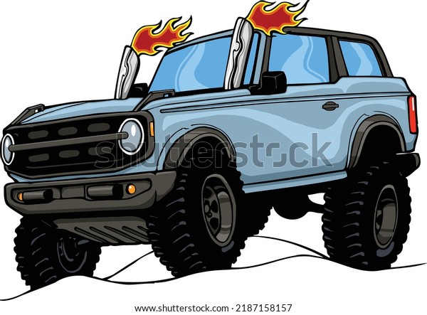 This clip art features a 4x4 suv driving on some\
hilly terrain.