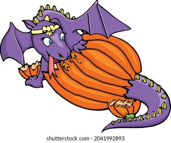 This clip art features a baby dragon coming out of a pumpkin shell.