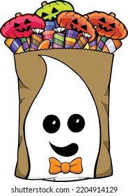 This Clip Art Features The Face Of A Cartoon Wearing An Orange Bow Tie On The Front Of A Sack Filled With Halloween Candy.