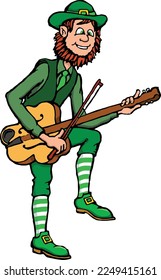 This clip art features a leprechaun plucking a four leaf clover shaped fiddle.