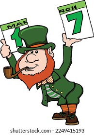 This clip art features a leprechaun splitting a calendar entry with the expression happy st pats.