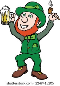 This clip art features a leprechaun with beer and pipe.