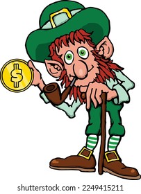 This clip art features a leprechaun holding a gold coin.