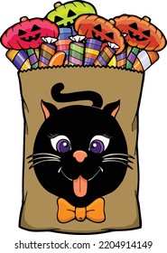 This clip art features a sack full of candy with the face of a black cat and the expression trick or treat.