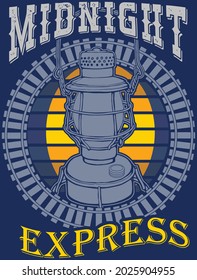 This clip art features a train oil lamp, encircled in railroad tracks with the words midnight express. 