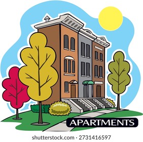 This clip art illustration features a three-story brick apartment building with trees and bushes in the foreground and a bright yellow sun in the sky. The word “APARTMENTS” is prominently displayed at the bottom, making it ideal for real estate, rental listings, or housing promotions.