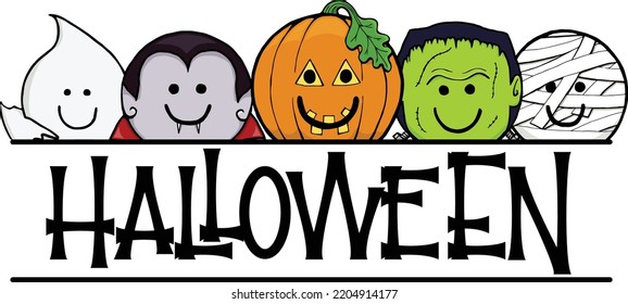 This clip are features the word halloween with five Halloween monster smiley faces.