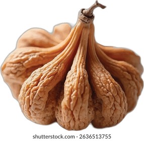 This close-up image showcases a single, dried fig, exhibiting a rich, wrinkled texture and a deep brown hue, with its stem still attached at the top, highlighting the fruit's natural drying process.