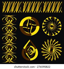 This is CMYK. It has four corner pieces and two patterns for borders.These elements are painted in brown and yellow colors. This creates a "cookie" effect.