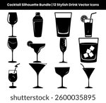 This Cocktail Silhouette Bundle features 12 high-quality vector icons, including martini, whiskey, wine, margarita, champagne, tiki, and shot glasses. Perfect for bar logos, drink menus, branding.