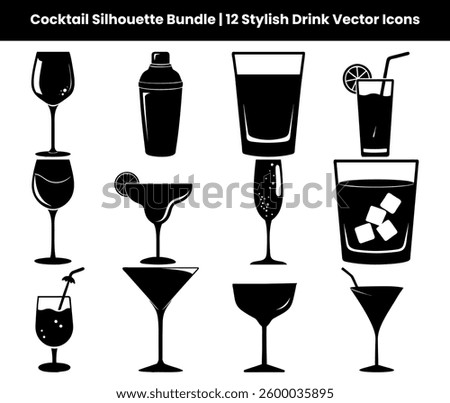 This Cocktail Silhouette Bundle features 12 high-quality vector icons, including martini, whiskey, wine, margarita, champagne, tiki, and shot glasses. Perfect for bar logos, drink menus, branding.