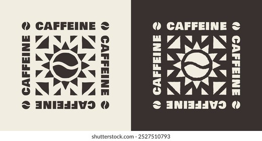 Dieses Kaffeedesign hebt eine zentrale Kaffeebohne hervor, eingerahmt von kühlen abstrakten Formen und wiederholtem Koffein-Text auf jeder Seite.