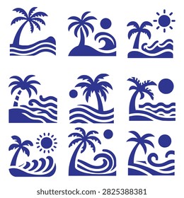 This cohesive vector icon set features nine unique, minimalist illustrations of a tropical beach landscape rendered in a solid blue tone. Each graphic creatively combines essential coastal elements like swaying palm trees, rolling ocean waves, and the sun to capture the ultimate summer vacation vibe. Perfect for travel agency branding, luxury resort logos, surf shop merchandise, or seasonal event invitations, these versatile and clean silhouette designs scale perfectly for both print layouts and digital interfaces.#TropicalBeach #PalmTreeVector #OceanWaveIcons #SummerResortLogo #TravelGraphics #CoastalDesign #MinimalistSilhouette #VacationVibes #VectorElements #BeachIllustration