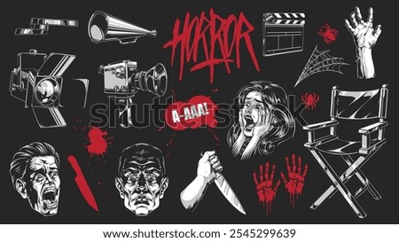 This collage showcases various elements associated with horror films including cameras characters and iconic symbols. The vibrant design captures the essence of the genre in a creative way.