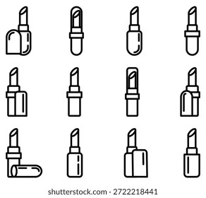Esta coleção de 12 ícones de linha de batom elegante representa beleza e moda. Ideal para marca cosmética, aplicativos de maquiagem e gráficos de varejo. Estilo minimalista para um design web limpo.