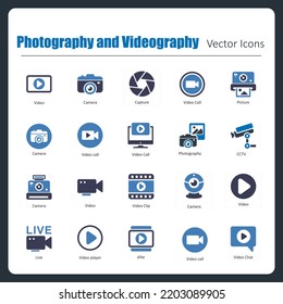 This is a collection of 20 beautiful handcrafted pixel perfect Photography and Videography vector icons.