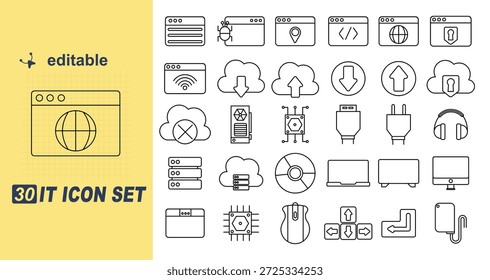 Esta es una colección de 30 iconos editables de TI, perfecto para su uso en proyectos relacionados con la tecnología y la computación. Los iconos están diseñados en un estilo de arte lineal simple y cubren una variedad de temas, incluida la computación en la nube, la codificación y la ciberseguridad. Los iconos son totalmente editables, lo que le permite personalizarlos para adaptarse a sus necesidades.