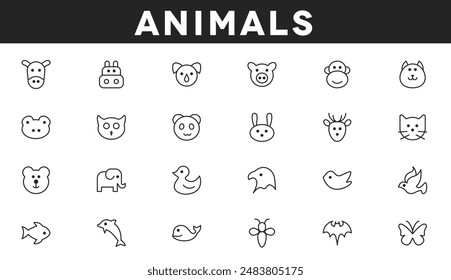 This collection of animal icons includes a variety of species such as bats, bears, honeybees, birds, butterflies, cats, cattle, deer, dogs, dolphins, ducks, eagles, elephants, fish, frogs, class