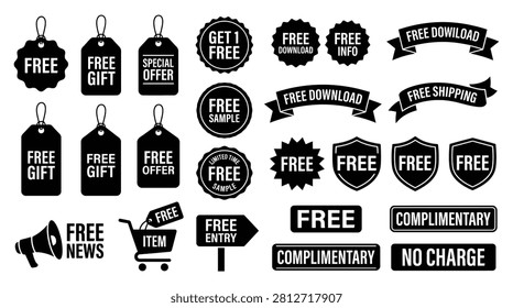 This is a collection of black silhouette tags and labels displaying various promotional offers and information. The style is distinctly