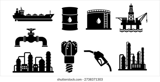 This collection of black silhouettes represents the entire oil and gas supply chain from extraction to distribution. It includes detailed icons of an offshore drilling platform, an oil tanker, storage tanks, a refinery complex, and a fuel nozzle. Perfect for industrial presentations, energy sector graphics, and infographics about petroleum resources.