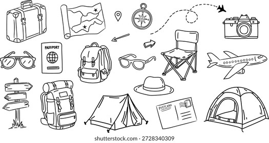 This collection of black and white line art travel-themed icons includes elements such as suitcases, tents, maps, and cameras, suitable for travel posters, educational materials, and brand visual design.