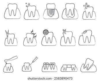 This is a collection of black and white teeth icons representing various dental diseases and treatments. Icons represent healthy teeth, tooth decay, tooth decay, braces, extractions, fillings, implan
