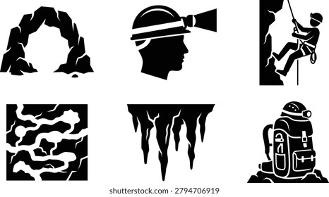 This collection of black and white vector icons illustrates various aspects of caving, rock climbing, and outdoor exploration, featuring a cave entrance, a caver with a headlamp, a climber rappelling, cave patterns, stalactites, and essential gear.