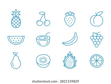 This collection of blue line-art vector fruit icons features an assortment of fresh and healthy produce, including pineapples, cherries, strawberries, peaches, watermelon slices, coconuts, bananas, grapes, pears, kiwis, dragonfruit, and citrus slices. Rendered in clean outlines, these versatile icons are ideal for recipe cards, nutrition blogs, food menus, app design, and graphic projects.

#FruitIcons #LineArtIcons #FreshFruit #FoodVectors #HealthyEating #VectorSet #DesignElements #KitchenGraphics #SVGFiles #FruitDesign