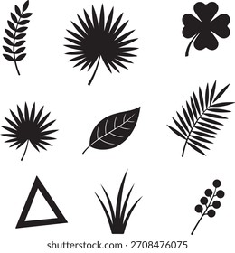 Esta es una colección de siluetas botánicas. Incluye hojas, plantas y otros Elementos naturales. El diseño es simple y elegante, perfecto para varios proyectos creativos.