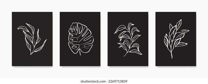 This collection of botanical wall art features sketched foliage in beige, drawn in a line art style against a dark background. Art design for prints, covers, and that need a natural room looks.