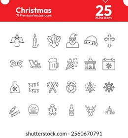 This collection of Christmas line icons features clean, minimalist designs of classic holiday symbols like Santa Claus, Christmas trees, presents, snowflakes, and more.