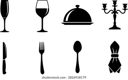 This collection contains various essential table service and fine dining icons, including cutlery, glassware, and serving cloche, as depicted  These professional silhouette icons are perfect for restaurant branding, menu design, catering services, and event hospitality materials.